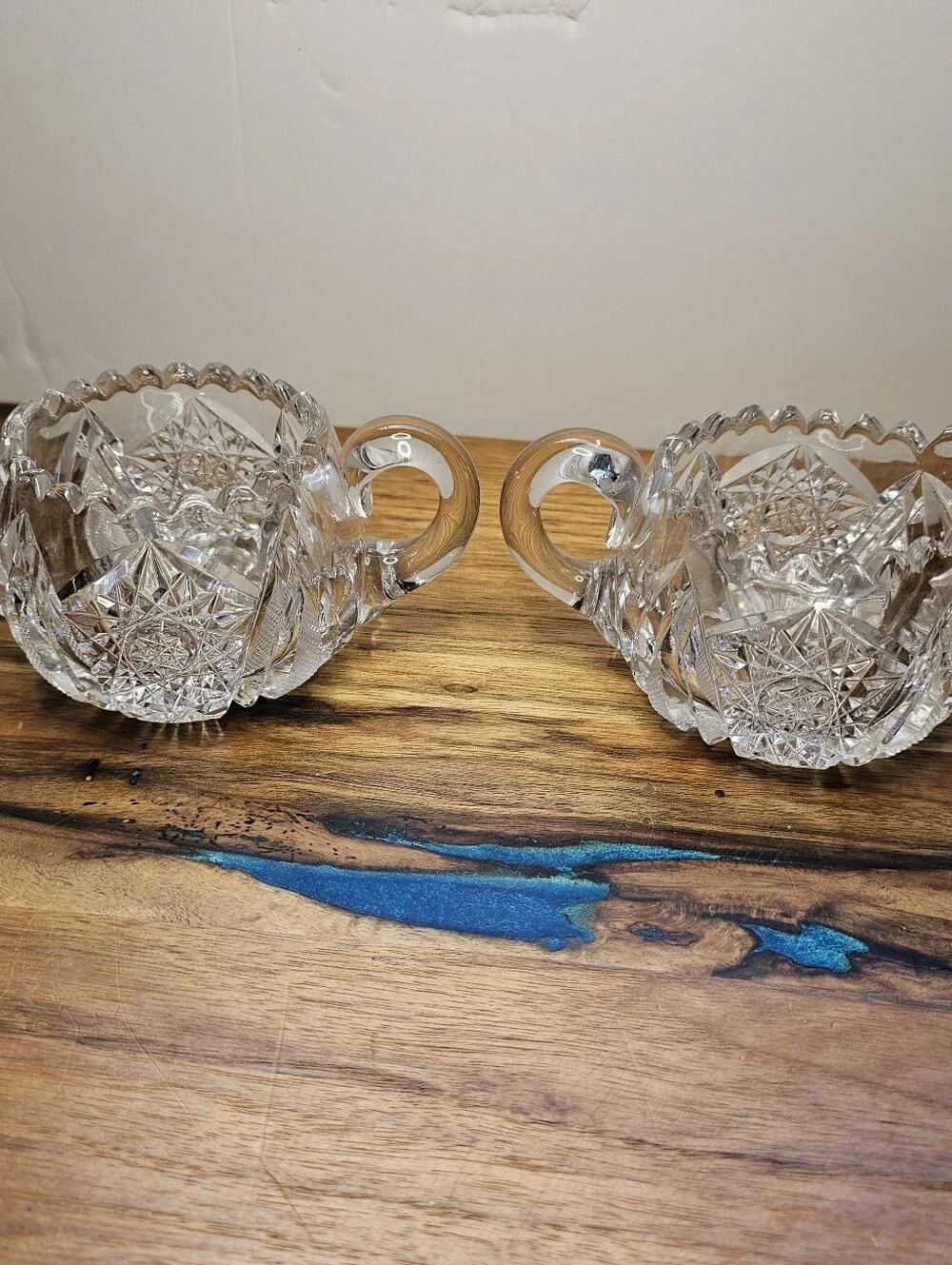 Antique ABP Cut Glass Creamer & Sugar Bowl Set Hobstar Sawtooth